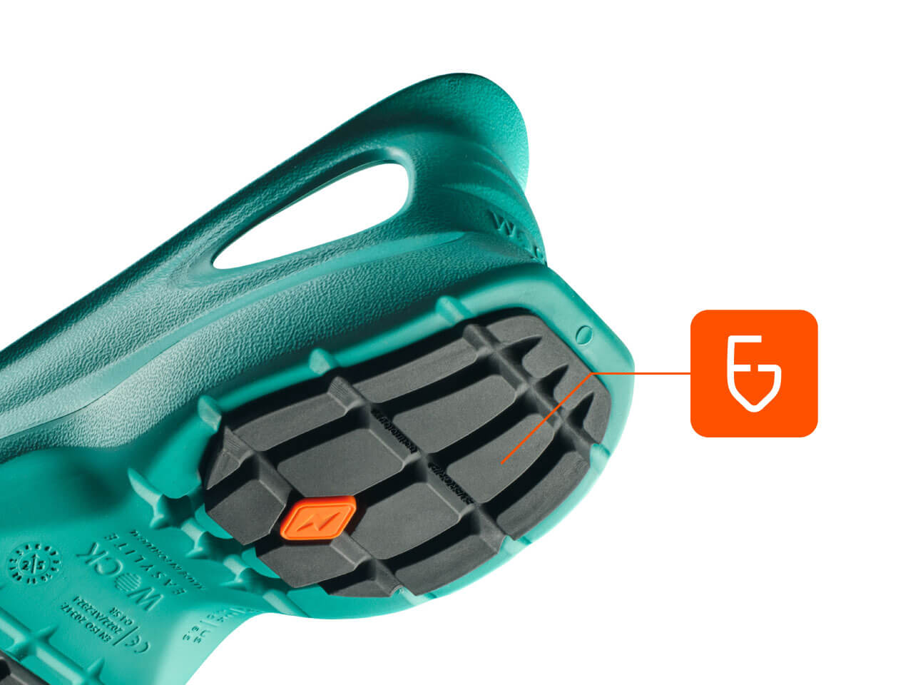 Vista inferior de la suela turquesa de los zapatos EASYLITE con tecnología antideslizante EVERGRIP™.