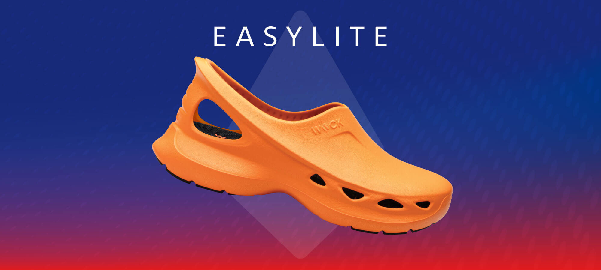 Zapato profesional EASYLITE naranja en primer plano sobre fondo azul y rojo.